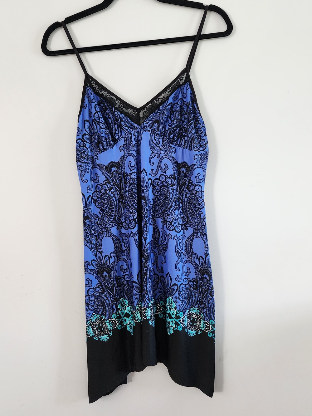 Nightgown Chemise Women Medium Blue Paisley Lace Slip Pajamas Asymmetrical